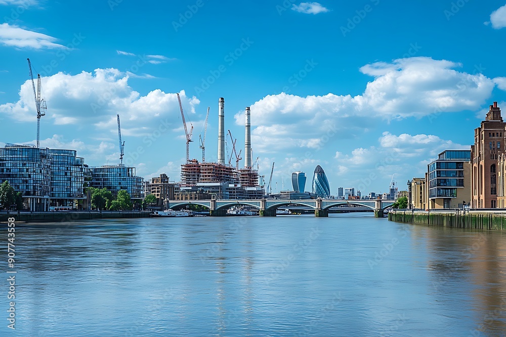 Fototapeta premium Sunrise over River Thames London UK with beautiful reflections of Battersea power station and riverside buildings