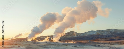 Geothermal steam vents with plumes against a clear sky, side view, capturing the beauty of natural energy, technology tone, colored pastel, copy space for text photo