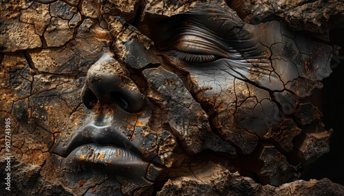 Ancient art carved into stone, depicting early human expression, Historical, Earthy tones, Digital painting