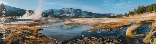 Steaming hot springs in a picturesque mountain landscape, side view, capturing the essence of geothermal wonders, advanced tone, Complementary Color Scheme, copy space for text