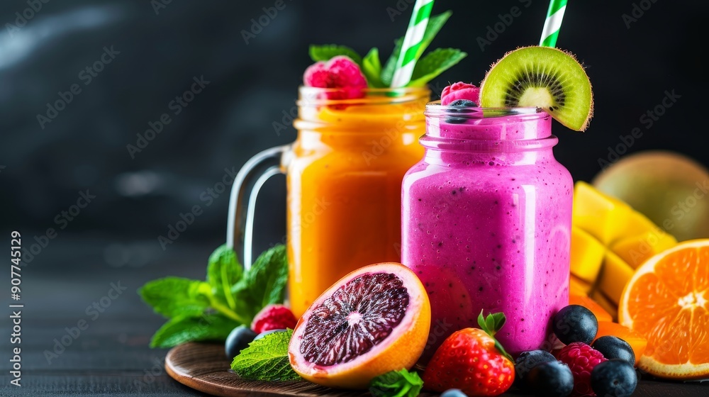 Two vibrant fruit smoothies in mason jars with fresh fruit garnishes on a dark background, including kiwi, berry, orange, and mint. Two vibrant fruit smoothies in mason jars with fresh fruit garnishes on a dark background, including kiwi, berry, orange, and mint.