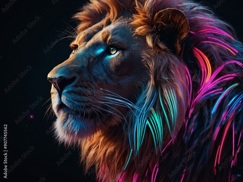 Naklejka premium Abstract neon light Lion wallpaper, glowing space background