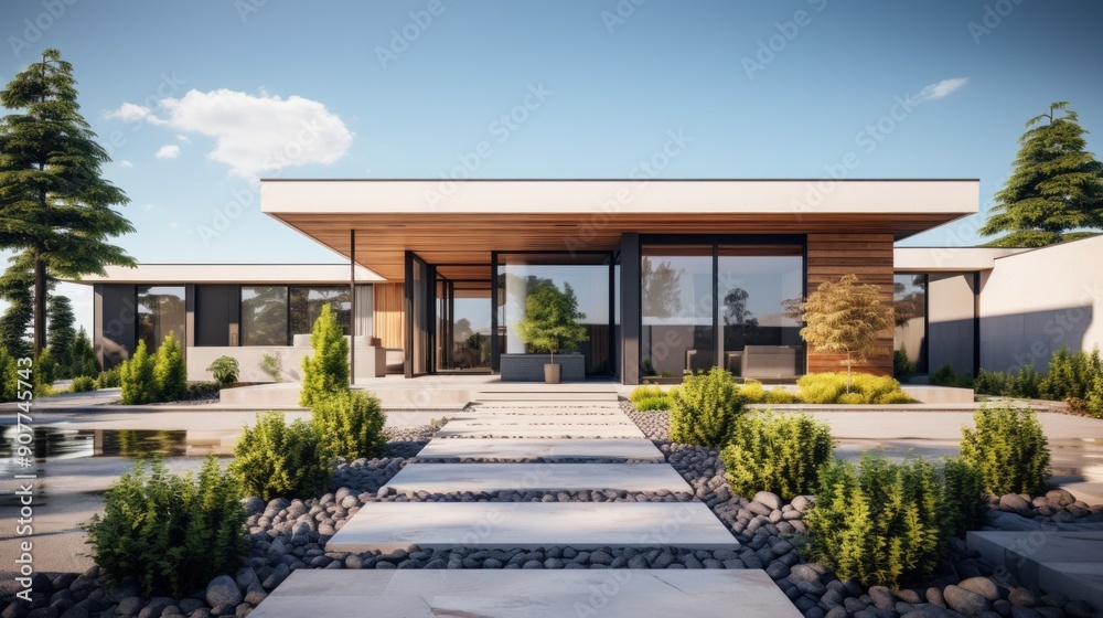 Modern Home with a Stone Pathway and a Pool Modern Home with a Stone Pathway and a Pool