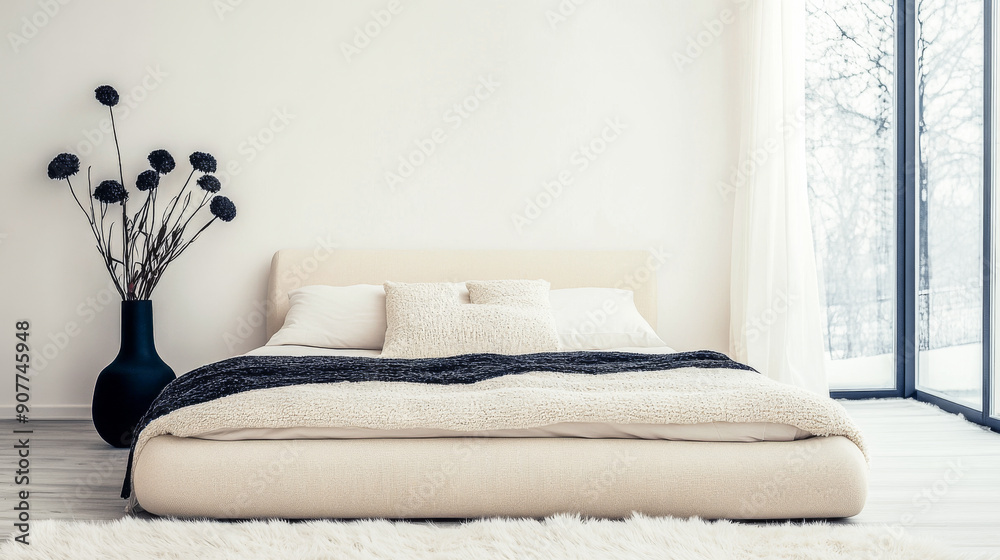 Bedroom interiors with an elegant bed next to a window and minimalist furniture. Residential spaces for relaxing composition with copyspace.