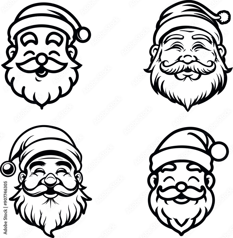 Fototapeta premium Cute Black and White Santa Faces for Christmas Coloring Pages