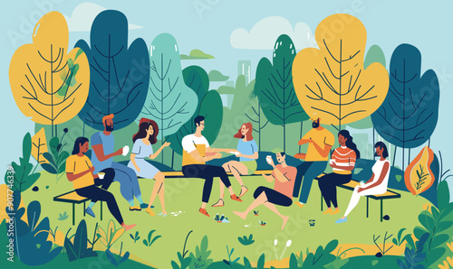 Diverse group enjoying picnic park, men women seated benches grass. Friends relax outdoors, casual clothing, summer day, trees, beverages, chatting. Casual meetup outdoor, picnic attire nature