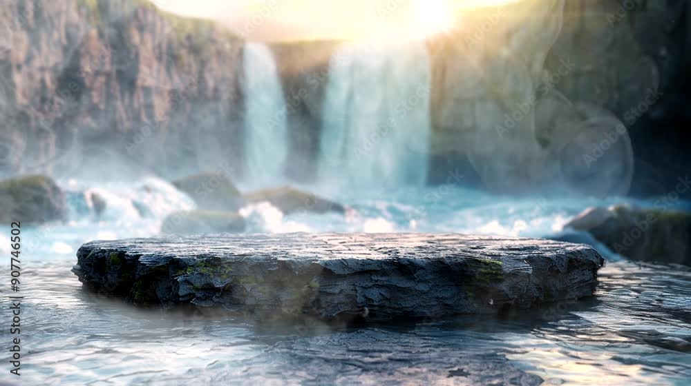 Flat rock in a river with a grand waterfall background and colorful butterflies, seamless looping animation