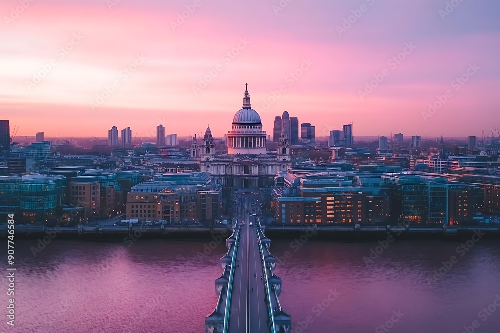 Fototapeta premium Long exposure photograph of St. Paul's Cathedral and the Millenium Bridge, London, at sunset