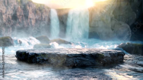 Flat rock in a river with a grand waterfall background and colorful butterflies, seamless looping animation