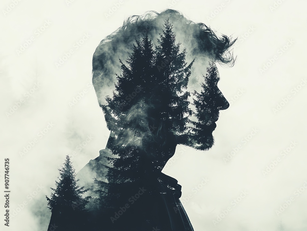 Double exposure portrait of a man with trees and clouds. Double exposure portrait of a man with trees and clouds.