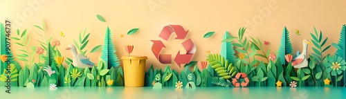 Colorful paper art of a recycling scene featuring plants, animals, and a bin, promoting environmental awareness and sustainability.