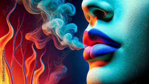 A surreal close-up of colorful lips exhaling vibrant, swirling smoke against a contrasting background of cool blues and fiery reds, creating a vivid and dramatic visual effect.