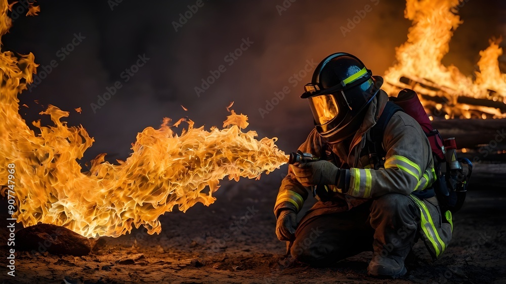 a firefighter battling a blaze, intense flames and the firefighter's protective gear. a firefighter battling a blaze, intense flames and the firefighter's protective gear.