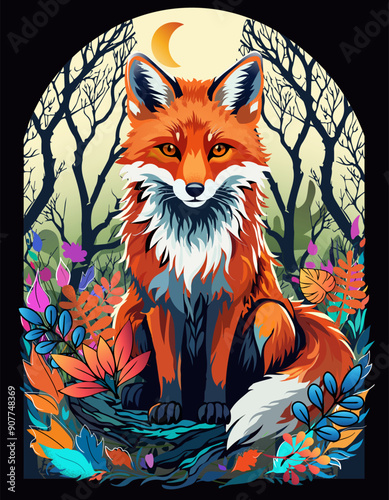 Fox in the forest with leaves and berries on the black background 