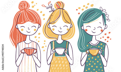 Three young women enjoying peaceful coffee time together, smiling contentedly, colorful doodles around them. Characters exhibit leisure clothing modern hairstyles, exuding happiness camaraderie
