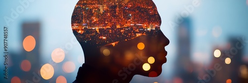 Double exposure silhouette of a man with city lights photo