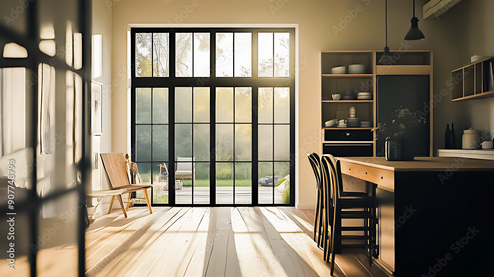 Fototapeta premium A minimalist Scandinavian-style kitchen with large windows.