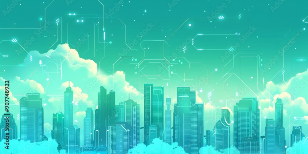 Obraz premium Futuristic Smart Cyber City illustration: Innovative Urban Landscape, futuristic technology and cyber punk concept, Graphic Resources, Wallpapers, Brochure, Websites, banner, Advertising, background