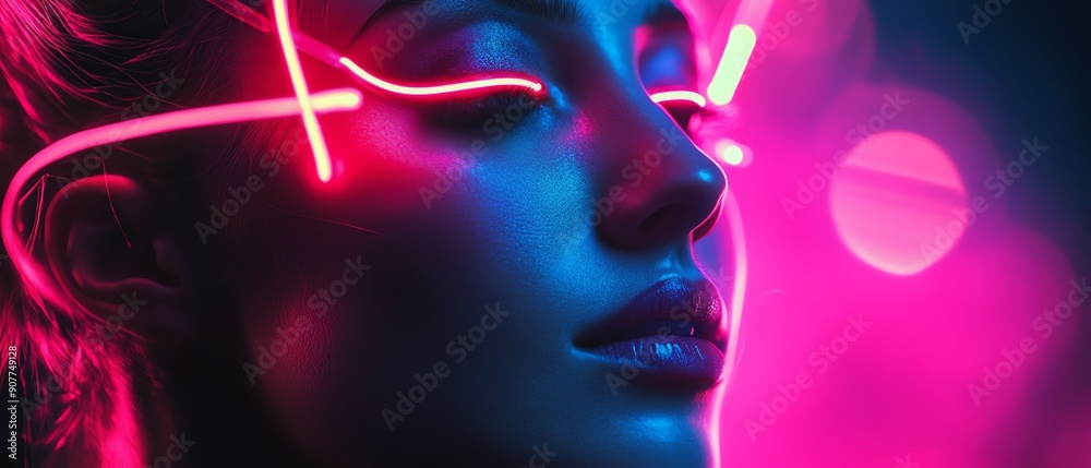 Close-up of a woman's face illuminated by pink and blue neon lights. Close-up of a woman's face illuminated by pink and blue neon lights.