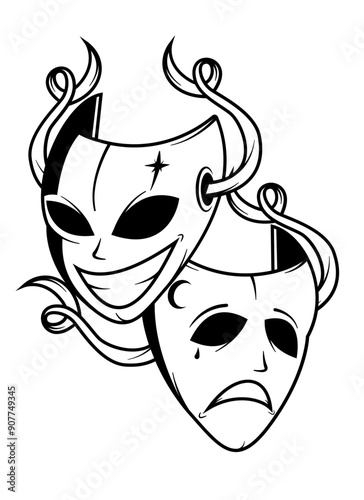 Smile Now Cry Later | Crying Mask | Happy & Sad Mask | Clown Mask | Theater Mask | Mask | Masquerade | Laugh Now Cry Later | Original Illustration | Vector and Clipart | Cutfile and Stencil