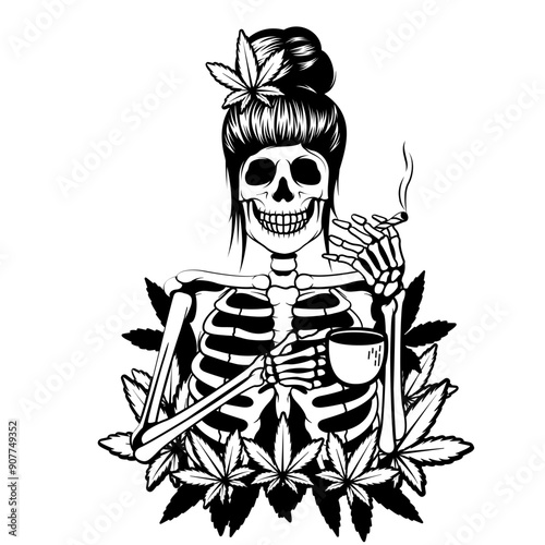 Skull Weed | Skull | Skeleton Lady | Skull Cannabis | Woman Smoking Weed | Smoking Joint | 420 | Weed | Original Illustration | Vector and Clipart | Cutfile and Stencil