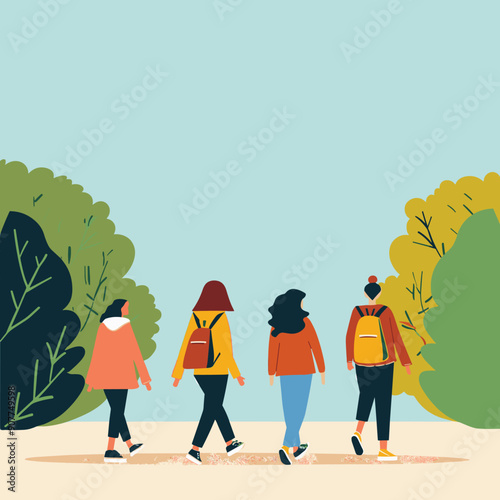 Group diverse friends walking park, casual autumn wear. Multicultural young adults stroll outdoors, colorful foliage. Flat design people hiking, nature walk scene