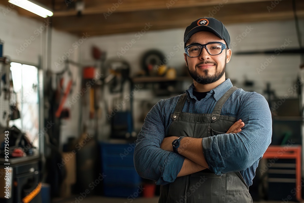 Confident mechanic in a workshop with arms crossed, wearing glasses and a cap, standing in an industrial garage setting. Confident mechanic in a workshop with arms crossed, wearing glasses and a cap, standing in an industrial garage setting.