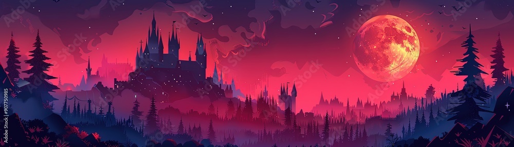 Eerie castle silhouette with a full moon backdrop in a dramatic red and purple night sky, perfect for fantasy and horror themed designs. Eerie castle silhouette with a full moon backdrop in a dramatic red and purple night sky, perfect for fantasy and horror themed designs.