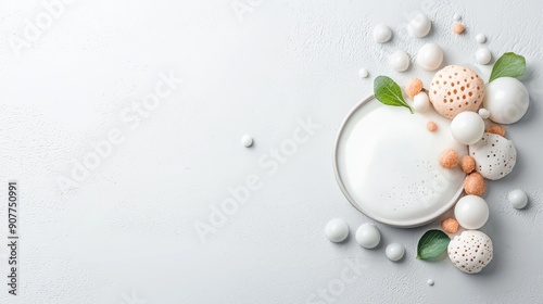 Innovative Molecular Gastronomy Dessert Composition with Fine Dining Aesthetic and Copy Space, Generative Ai photo