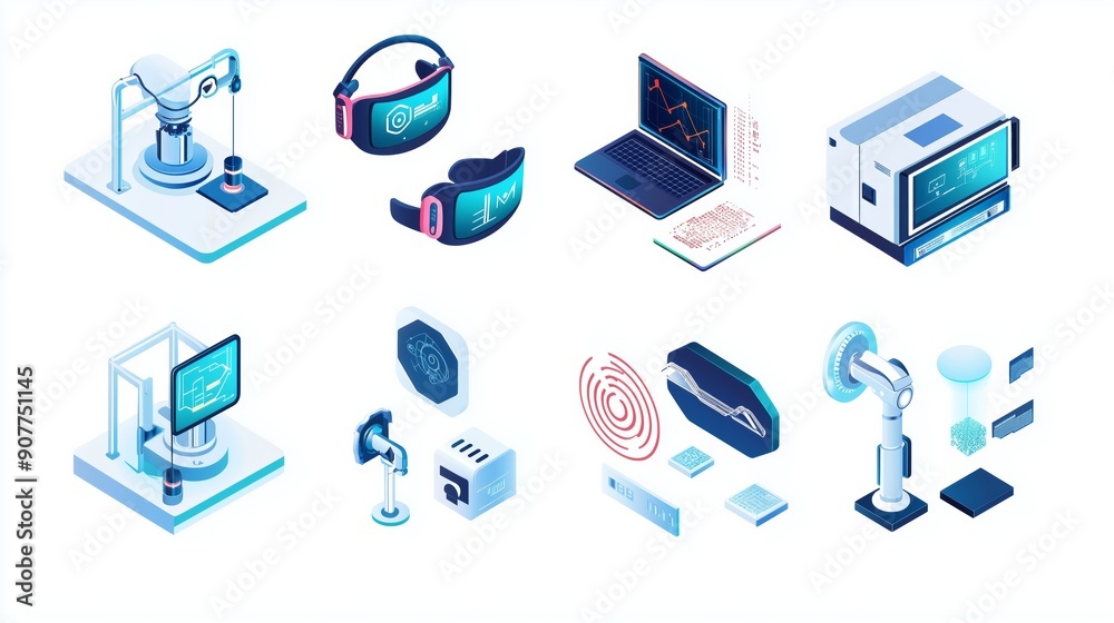 Icon Set of Smart Manufacturing Technologies Featuring AR and AI Icon Set of Smart Manufacturing Technologies Featuring AR and AI