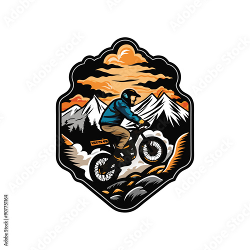 A vector illustration of a rider on a motorcycle navigating a rugged mountain trail.