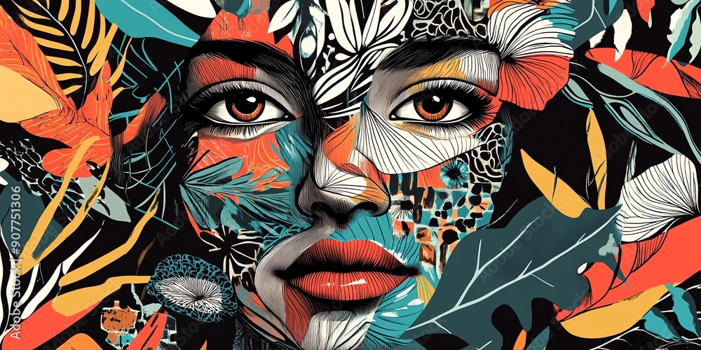 Abstract portrait of a woman with foliage and floral elements Abstract portrait of a woman with foliage and floral elements