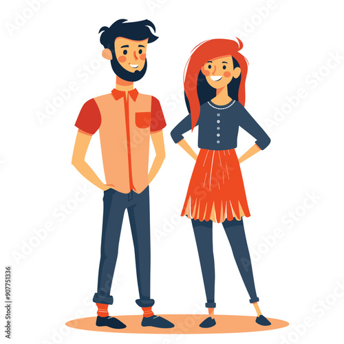 Young man woman standing together smiling, casual clothing, happy, confident, friendly. Male short hair, beard, shirt, female long hair, skirt. Young adults cheerful, couple friends colorful