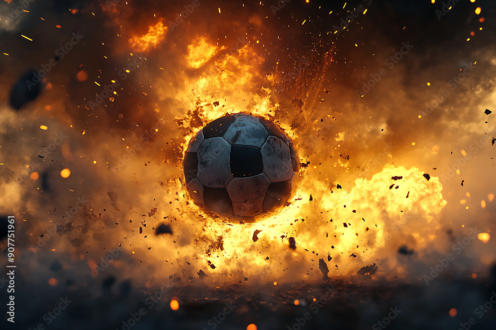 Fototapeta premium Flying soccer ball on fire -falling down