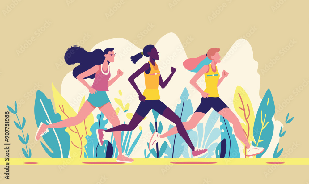 Four diverse runners engaged marathon race. Group athletes, female runners different ethnicities competing. Multiethnic women marathon runners, outdoor activity, exercise endurance Four diverse runners engaged marathon race. Group athletes, female runners different ethnicities competing. Multiethnic women marathon runners, outdoor activity, exercise endurance