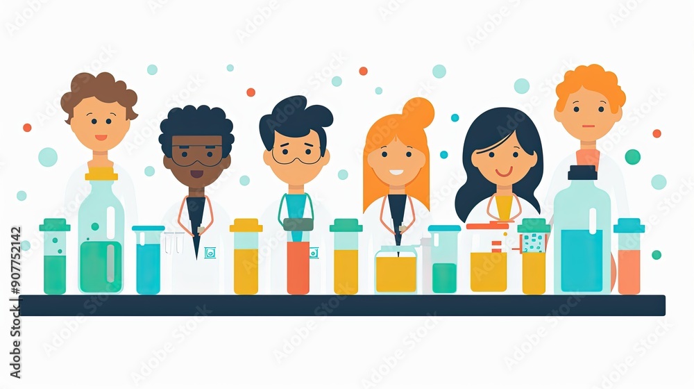 Illustration of diverse scientists in lab coats standing behind various laboratory equipment. Representation of teamwork and science. Illustration of diverse scientists in lab coats standing behind various laboratory equipment. Representation of teamwork and science.