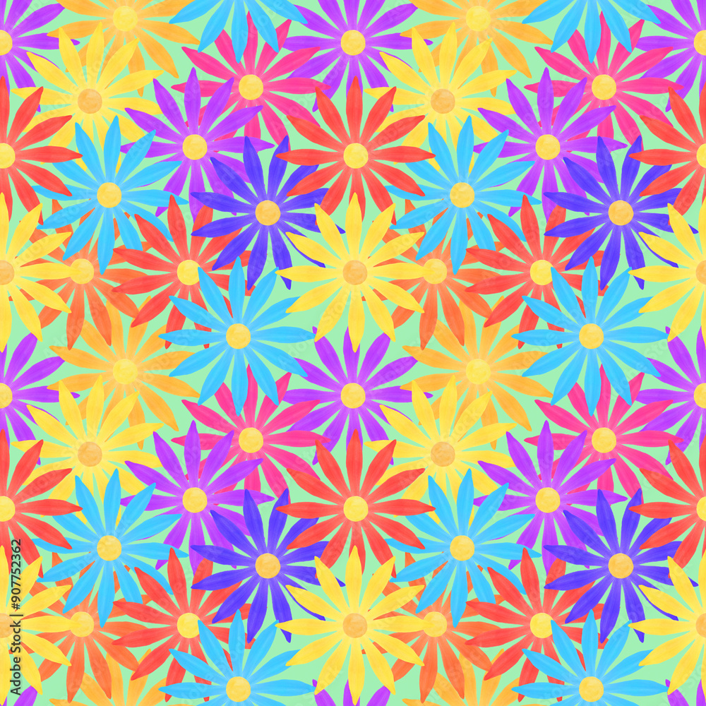 seamless summer pattern: bright colorful flowers against light green