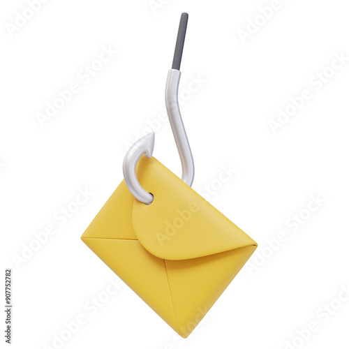 3D Icon Yellow Envelope Fishing Hook. Phishing Spam Fraud Concept. 3D Render Illustration