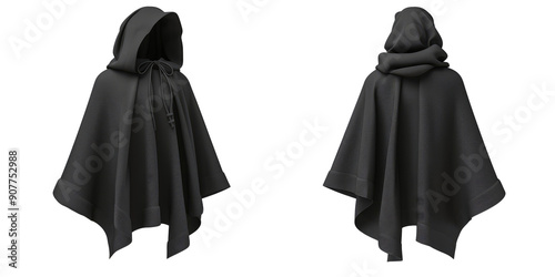 Fashionable autumn poncho, black, showing front and back, on a white background photo