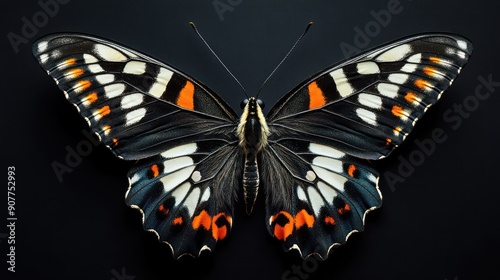 symmetrical, realistic photo of an exotic butterfly, full body, spread out taxidermy body