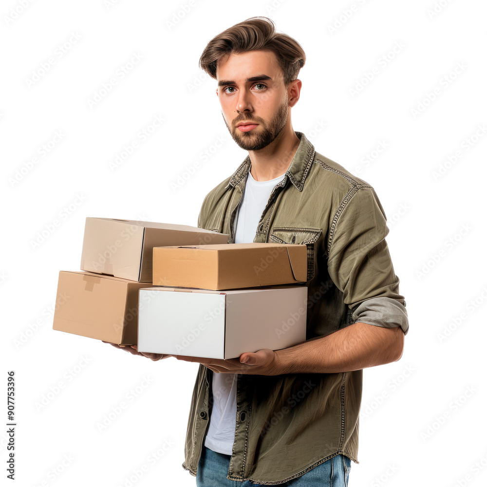 Man in casual wear holding electronics boxes, white studio background