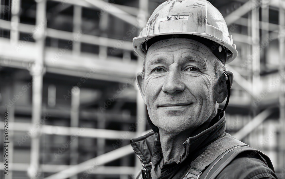 a builder in a helmet, scaffolding on the background, Looking straight ahead, smile a builder in a helmet, scaffolding on the background, Looking straight ahead, smile