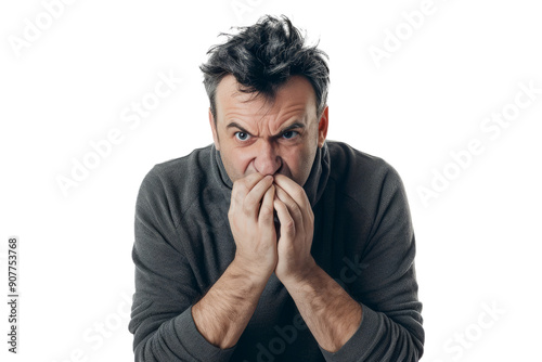 Portrait of a man biting his nails, showing nervous anxiety, on a white background.