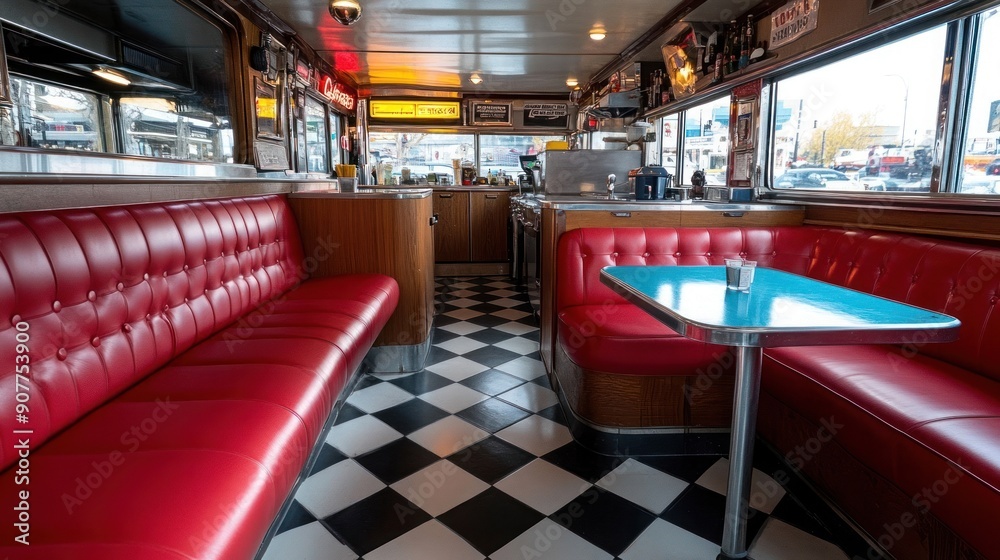 Fototapeta premium A vibrant diner interior featuring red booths, checkered flooring, and a bright atmosphere ideal for casual dining.