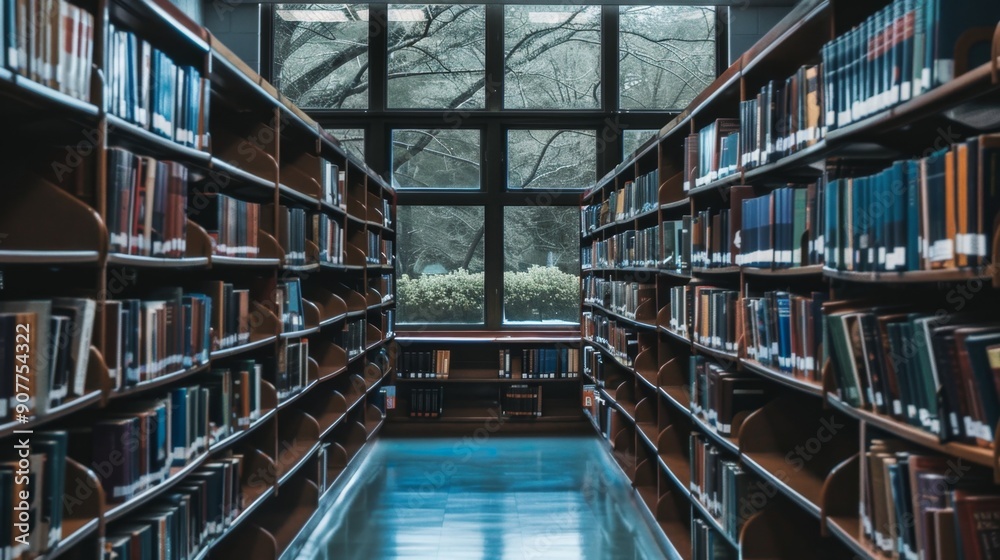Bookshelves in a Library with a Window View. Bookshelves in a Library with a Window View.