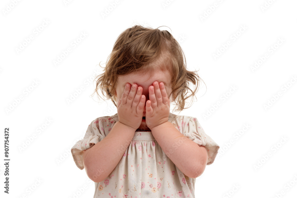 Tearful toddler on a white background, hands covering her face, expressing sadness and despair. Tearful toddler on a white background, hands covering her face, expressing sadness and despair.