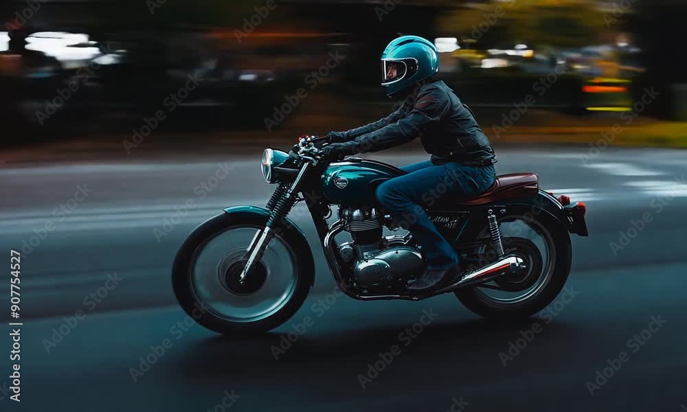 A motorcyclist rides down a city street, the motion blurred for a sense of speed. A motorcyclist rides down a city street, the motion blurred for a sense of speed.