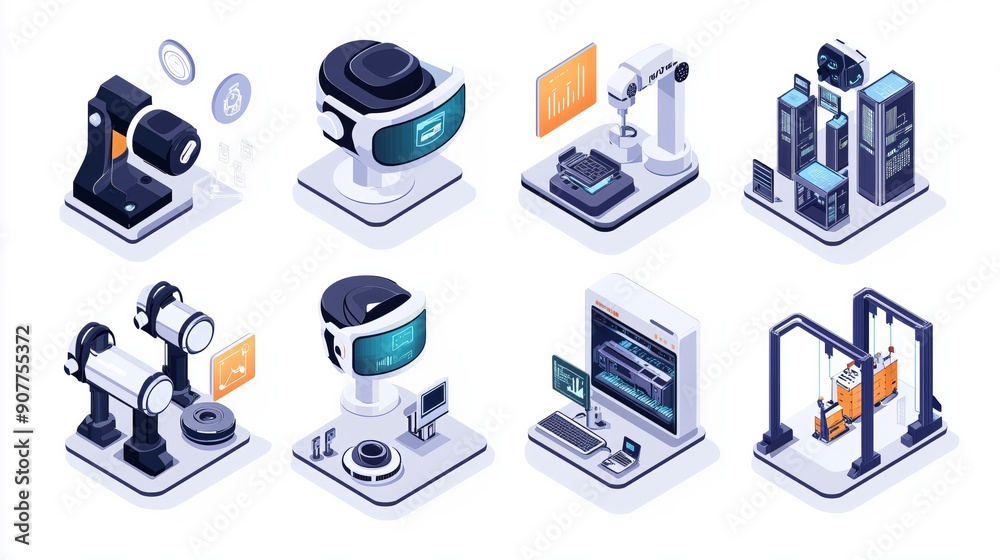 Icon Set of Smart Manufacturing Technologies Featuring AR and AI Icon Set of Smart Manufacturing Technologies Featuring AR and AI