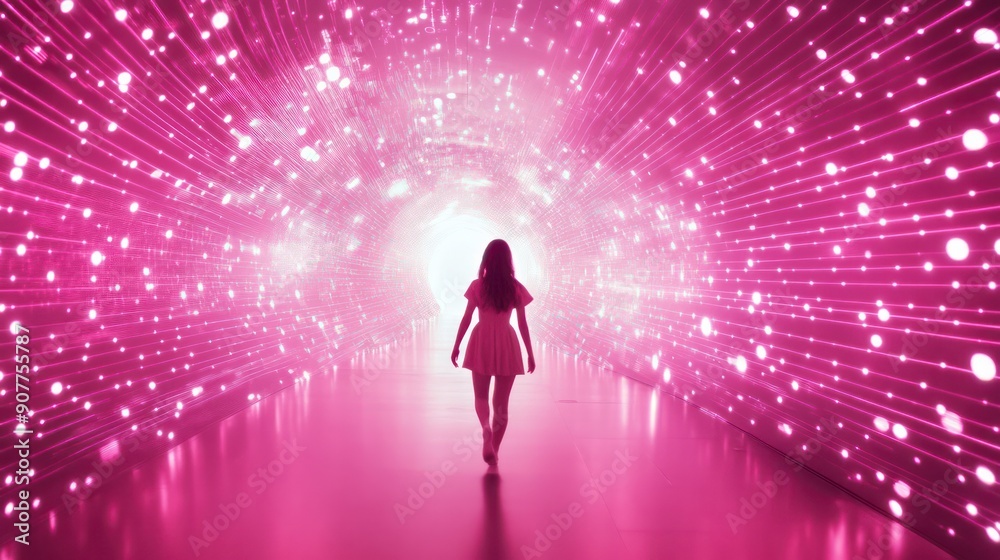 A girl walks through an immersive tunnel of light and digital data, with pink neon lights. A girl walks through an immersive tunnel of light and digital data, with pink neon lights.