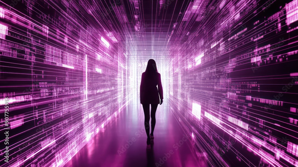 A girl walks through an immersive tunnel of light and digital data, with pink neon lights. A girl walks through an immersive tunnel of light and digital data, with pink neon lights.